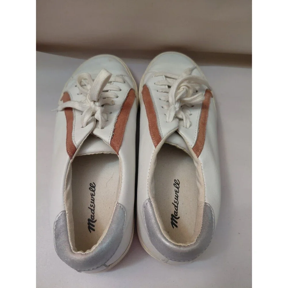 Madewell Sidewalk Sneakers Women Size 8M White/Silver Leather Low Top Lace Up